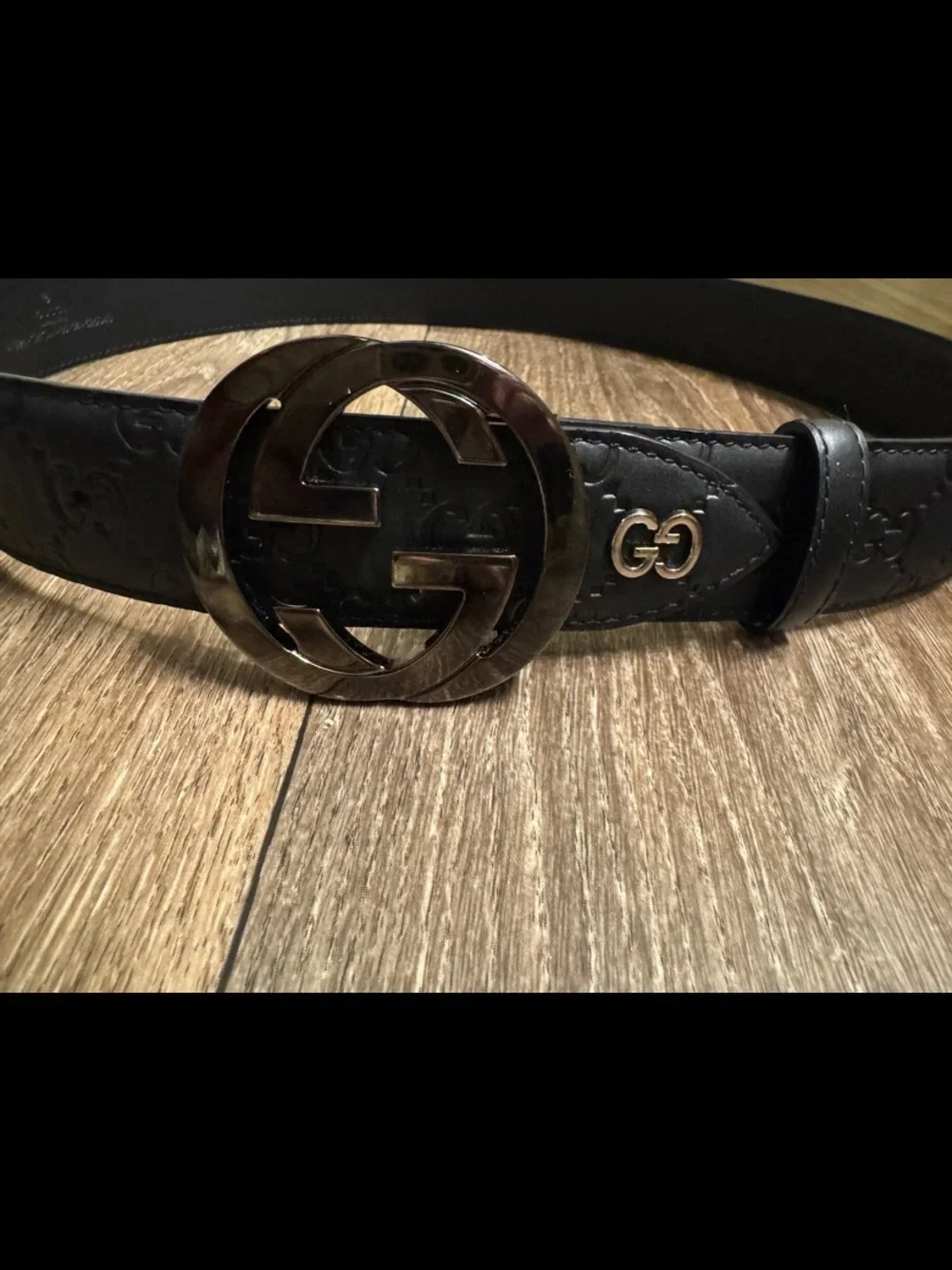 Gucci Black Embossed Leather Belt with Interlocking GG Buckle